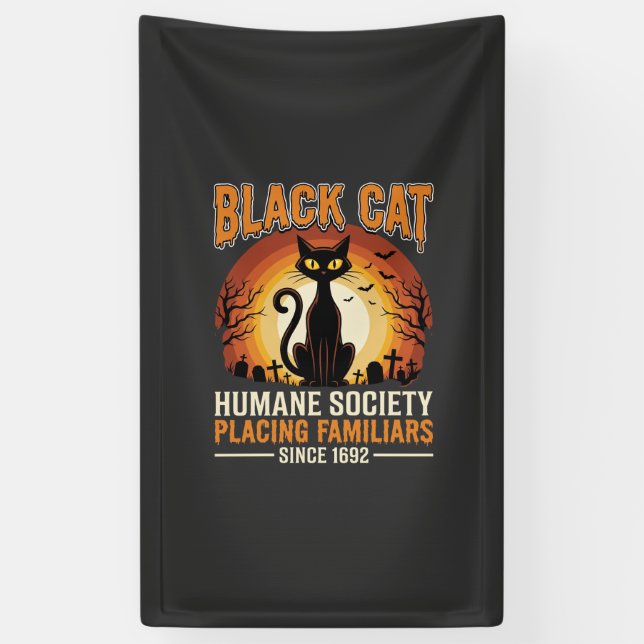 Black Cat Halloween Familiar Vintage Graveyard Des Banner (Vertical)
