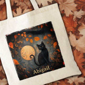 Black Cat Halloween Full Moon Art Nouveau Tote Bag