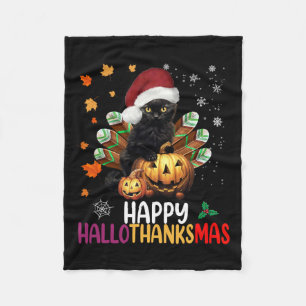 Black Cat Halloween Happy Hallothanksmas Merry Chr Fleece Blanket