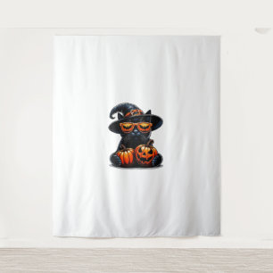 Black Cat Halloween Holding Pumpkin Cat Lovers Gir Tapestry