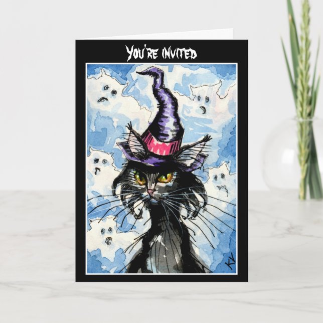 Black Cat Halloween invitation or greeting card (Front)