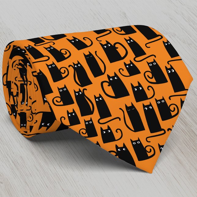 Black Cat Halloween Orange Tie (Fun black cat pumpkin orange Halloween neck tie for animal lovers)