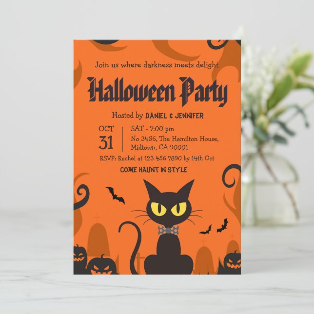 Black Cat Halloween Party Ghost Pumpkin Spooky Invitation (Standing Front)