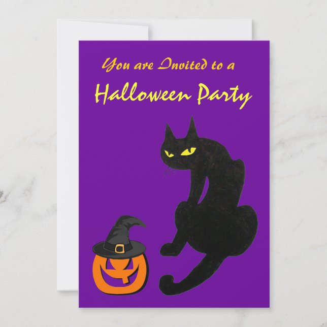 BLACK CAT HALLOWEEN PARTY Gold Metallic Invitation (Front)