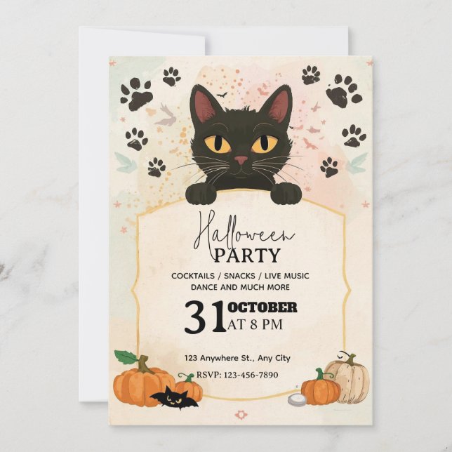 Black Cat Halloween Party Invitation | Cute & Spoo (Front)