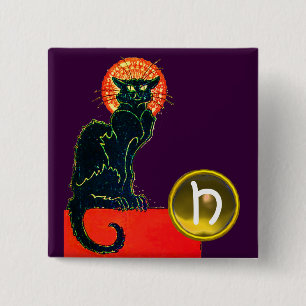 BLACK CAT HALLOWEEN PARTY MONOGRAM 15 CM SQUARE BADGE