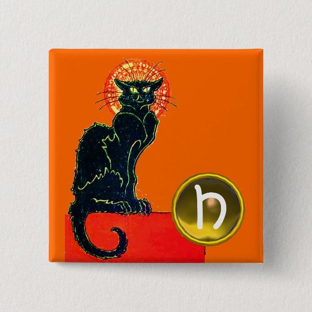 BLACK CAT HALLOWEEN PARTY MONOGRAM 15 CM SQUARE BADGE (Front)