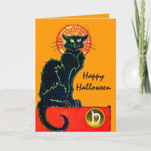 BLACK CAT HALLOWEEN PARTY MONOGRAM CARD