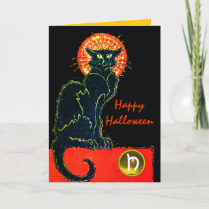 BLACK CAT HALLOWEEN PARTY MONOGRAM CARD