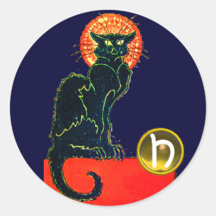 BLACK CAT HALLOWEEN PARTY MONOGRAM CLASSIC ROUND STICKER