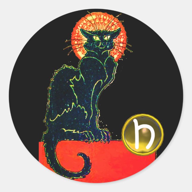 BLACK CAT HALLOWEEN PARTY MONOGRAM CLASSIC ROUND STICKER (Front)