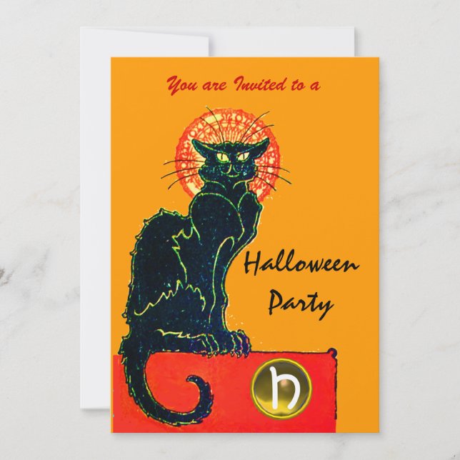 BLACK CAT HALLOWEEN PARTY MONOGRAM gold Invitation (Front)