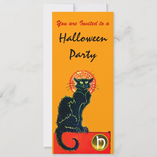 BLACK CAT HALLOWEEN PARTY MONOGRAM gold Invitation (Front)