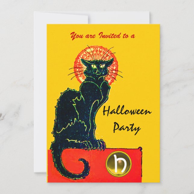 BLACK CAT HALLOWEEN PARTY MONOGRAM INVITATION (Front)