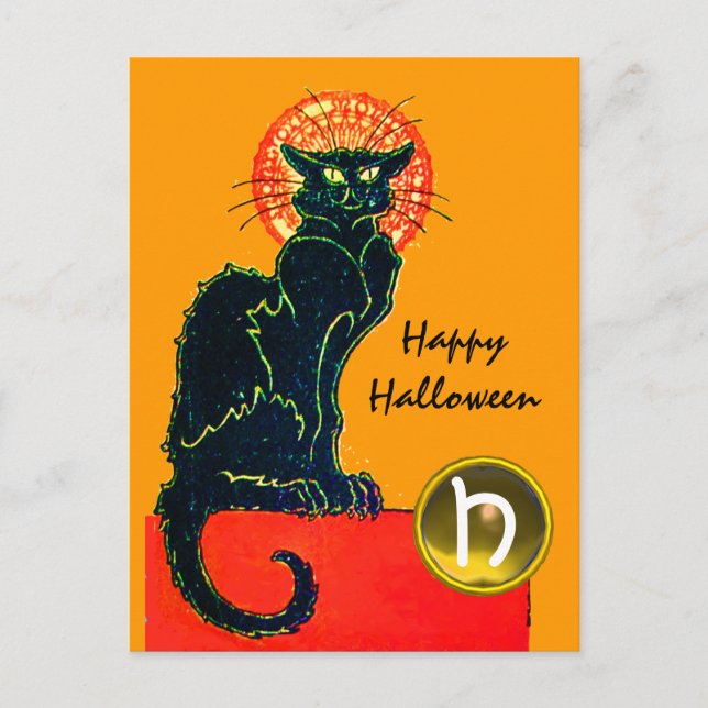BLACK CAT HALLOWEEN PARTY MONOGRAM INVITATION POSTCARD (Front)