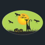 Black Cat Halloween Party Oval Sticker<br><div class="desc">Bats in the sky fly above a green-eyed black cat and leering jack o' lantern on these Halloween party oval stickers. MATCHING items in our store.</div>