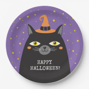 Black Cat Halloween Party Paper Plate