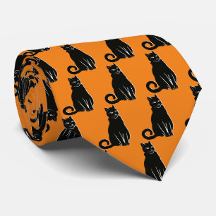 Black Cat Halloween Pattern Orange Necktie