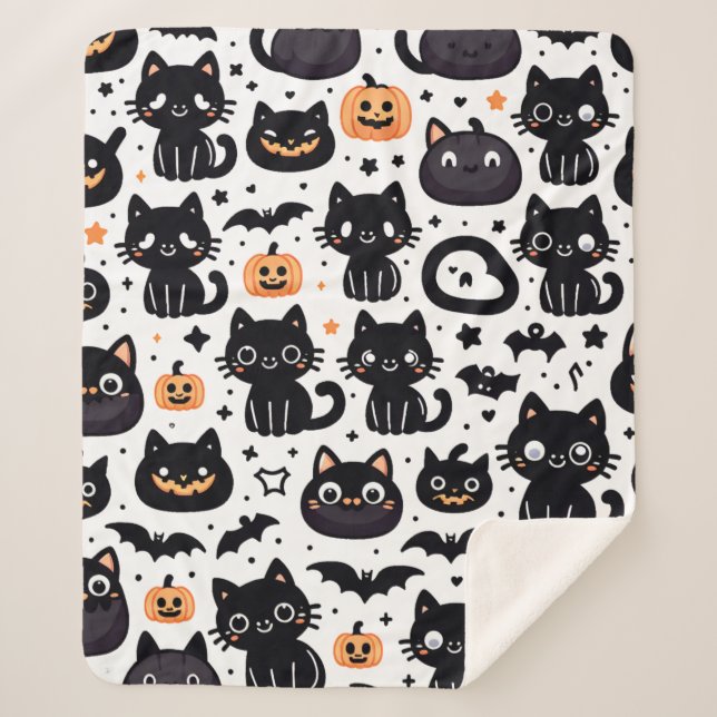 Black cat halloween pattern sherpa blanket (Front)