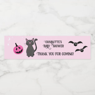 Black Cat Halloween Pink Girl Baby Shower Favour Water Bottle Label