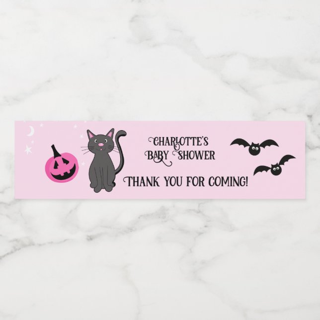 Black Cat Halloween Pink Girl Baby Shower Favour Water Bottle Label (Single Label)