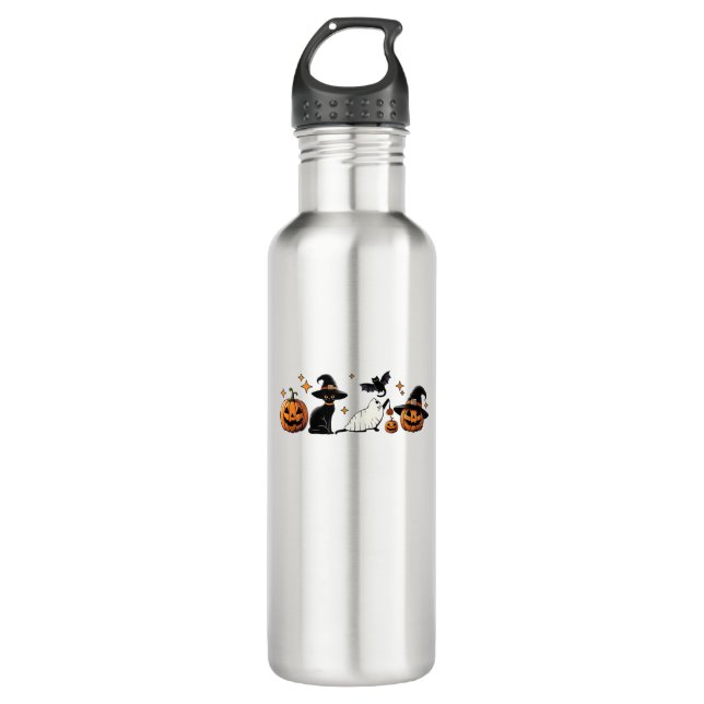Black Cat Halloween Pumpkin Boo Ghost Witch Spooky 710 Ml Water Bottle (Front)