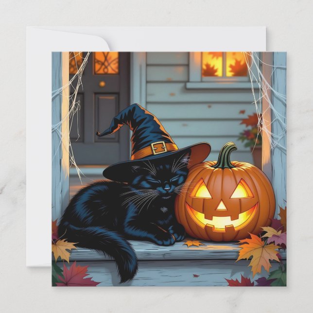 Black Cat Halloween Pumpkin Carving Party Invitation (Front)