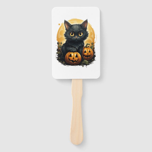 Black Cat Halloween Pumpkin - Cat Hand Fan (Front)
