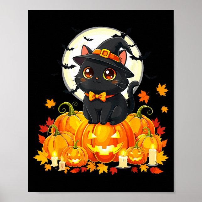 Black Cat Halloween Pumpkin Cat Poster (Front)