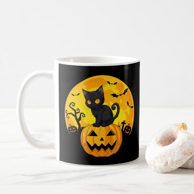 Black Cat Halloween Pumpkin Coffee Mug (With Donut)