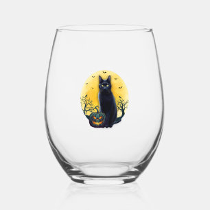 Black Cat Halloween Pumpkin Costume For Women Men Stemless Wine Glass