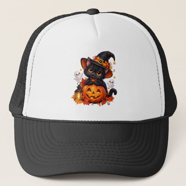  Black Cat Halloween Pumpkin Hat (Front)