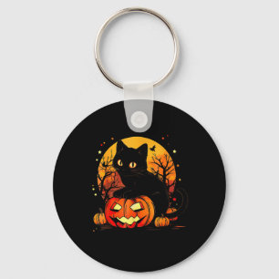 Black Cat Halloween Pumpkin Key Ring