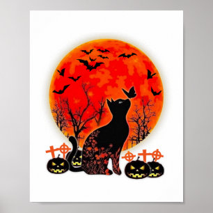 Black Cat Halloween Pumpkin Moon Spooy Poster