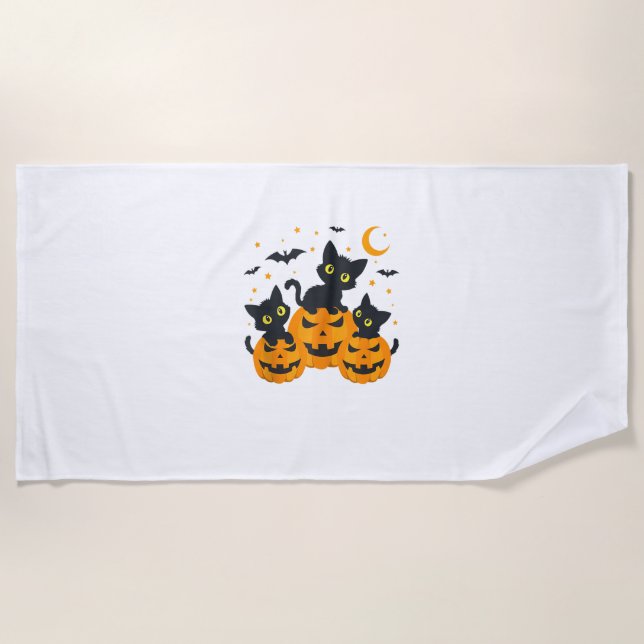 Black Cat Halloween Pumpkin Spooky Night  Beach Towel (Front)