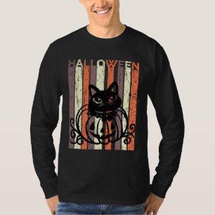 Black Cat Halloween Retro Distressed Goth Pumpkin T-Shirt