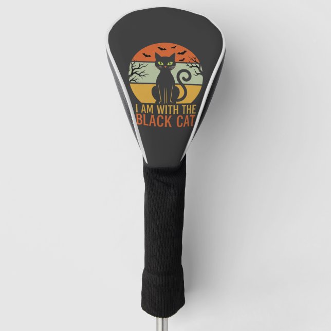 Black Cat Halloween Retro Sunset Design Golf Head Cover (Front)