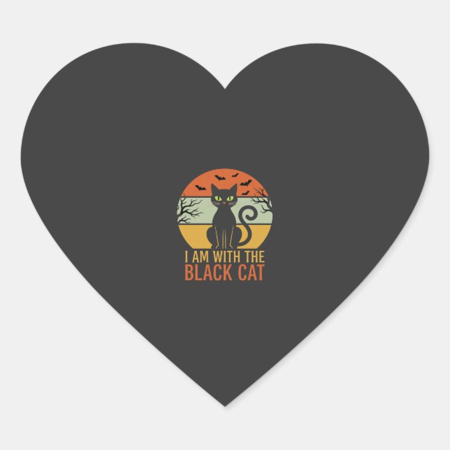 Black Cat Halloween Retro Sunset Design Heart Sticker (Front)
