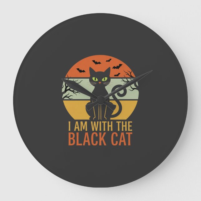 Black Cat Halloween Retro Sunset Design Large Clock (Front)