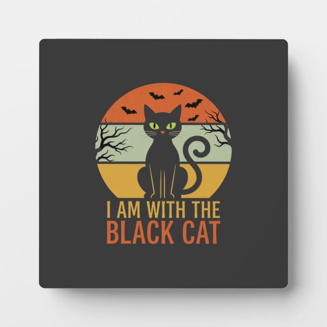 Black Cat Halloween Retro Sunset Design Plaque (Front)