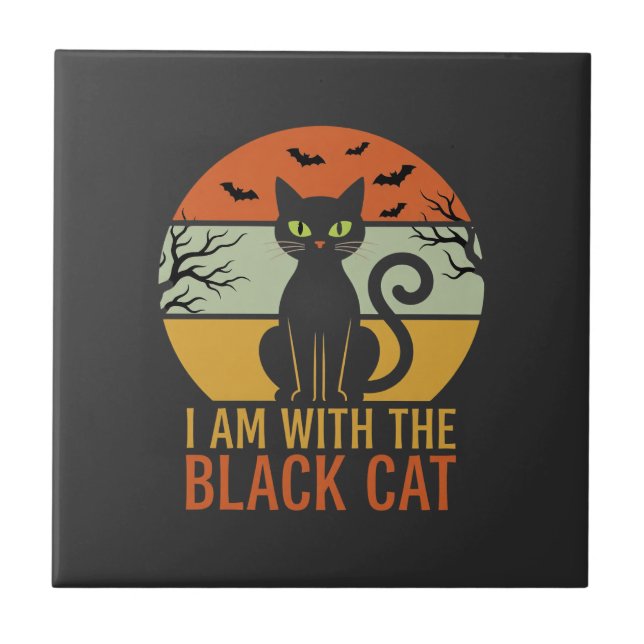 Black Cat Halloween Retro Sunset Design Tile (Front)