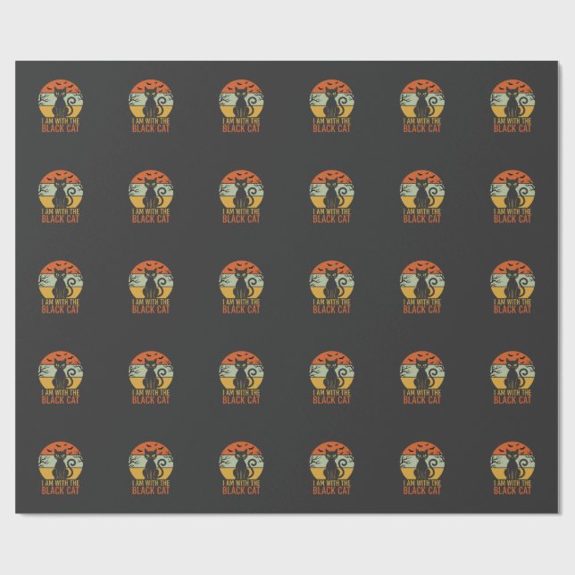 Black Cat Halloween Retro Sunset Design Wrapping Paper (Flat)