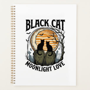 Black Cat Halloween Shirt Vintage Moon Graveyard A Planner