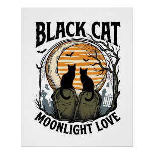 Black Cat Halloween Shirt Vintage Moon Graveyard A Poster