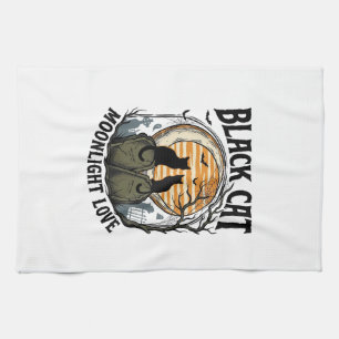 Black Cat Halloween Shirt Vintage Moon Graveyard A Tea Towel