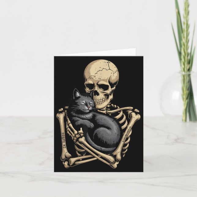 Black Cat Halloween Skeleton Hugging Cat Funny Card (Front)