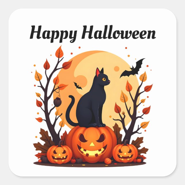 Black Cat Halloween Square Sticker (Front)