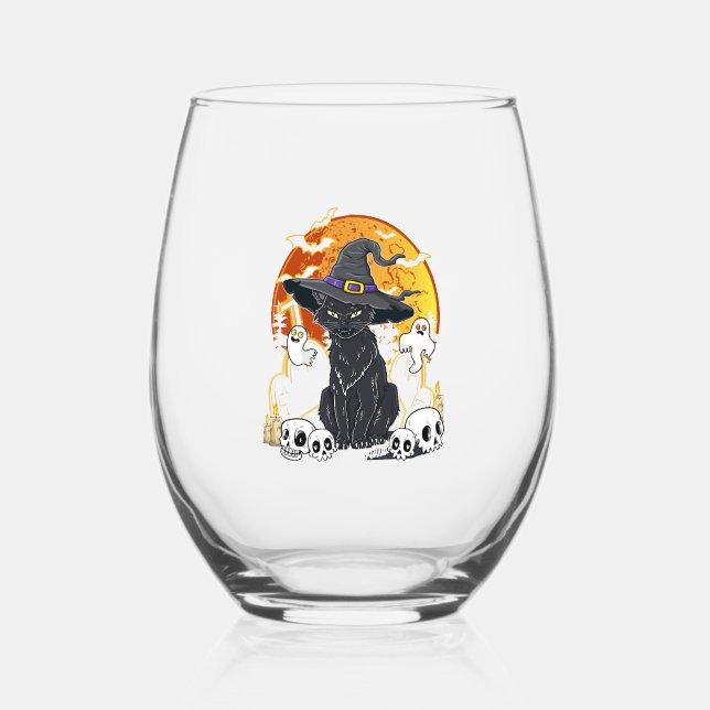 Black Cat Halloween   Stemless Wine Glass (Front)