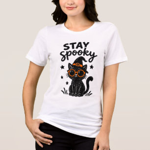Black Cat Halloween T-Shirt, Stay Spooky Witch Hat Tri-Blend Shirt