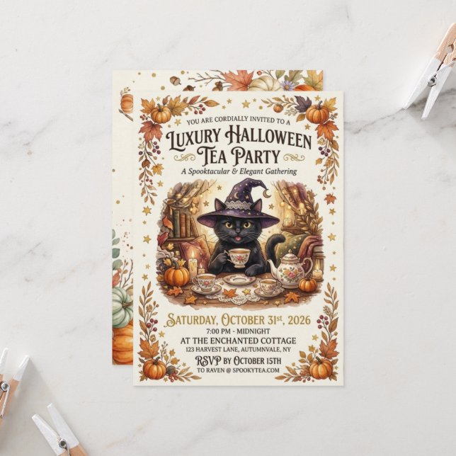 Black Cat Halloween Tea Party Invitation 2026 Prin (Front/Back In Situ)